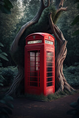 Obraz premium a red phone booth sitting in the middle of a forest, ai art illustration 