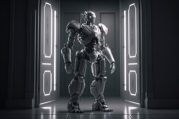 Fototapeta na wymiar a robot is standing in a dark room, fantastic, sci-fi art illustration 