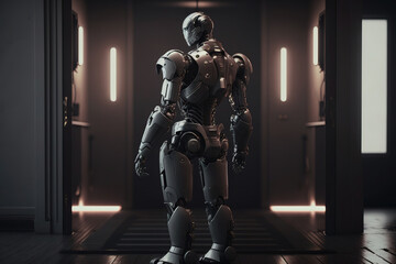 Fototapeta na wymiar a robot is standing in a dark room, fantastic, sci-fi art illustration 