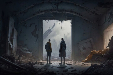 couple of people that are standing in a room, fantastic, dystopian art, apocalypse art, dark fantasy, art illustration 
