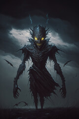 creepy looking creature standing in the middle of a dark sky, horror, dark fantasy, art illustration 