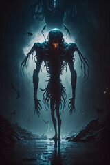 creepy looking creature standing in the middle of a dark sky, horror, dark fantasy, art illustration 