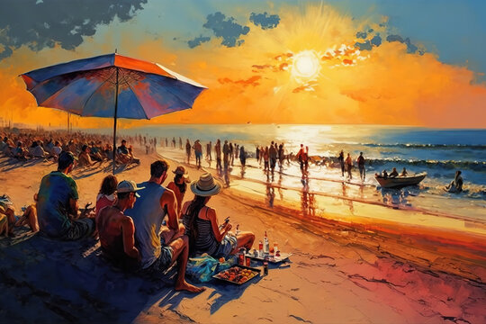 seascape, sandy beach, blue sea and people relaxing under the setting sun, travel, family vacation in summer, Oil painting, art illustration 