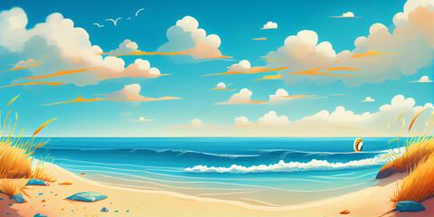 Fototapeta na wymiar Bright Blue Scene of The Ocean Beach Illustration. Generative ai