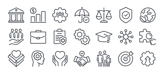 Social policy editable stroke outline icons set isolated on white background flat vector illustration. Pixel perfect. 64 x 64..