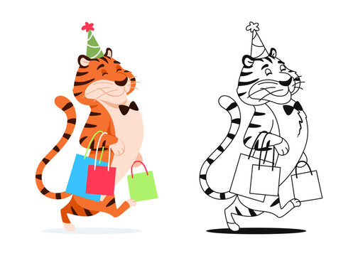 Coloring book. Funny cartoon tiger with shopping bags or Birthday presents on white background. Cute animal character for kids preschool activity. Worksheet design. Coloring page vector illustration.