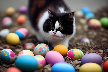 Fototapeta na wymiar kitten playing with easter eggs - cat play arround easter eggs colorfull on ground