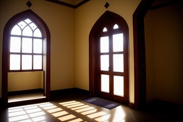 Islamic background painting. Mosque and shadows. Light rays from mosque window or door. Prayer's vision, generative ai. Muslim art.