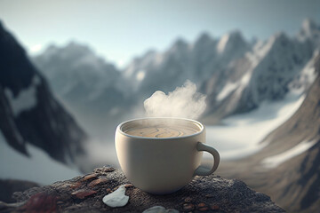 Hot cup of steaming coffee in front of snow valley. generated with AI