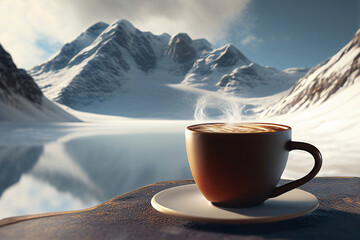 Hot cup of steaming coffee in front of snow valley. generated with AI