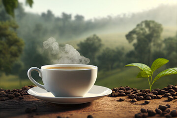 Hot cup of steaming coffee in front of valley. generated with AI