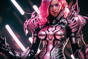Pink Woman in Futuristic Armor. Generative AI, non-existent person.	