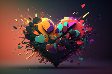 Heart exploding with multiple colors in plastic created with generative AI technology
