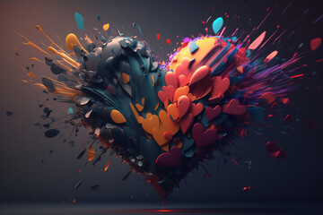Heart exploding with multiple plastic colors photo realistic created with generative AI technology