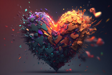 Heart exploding with multiple colors realistic created with generative AI technology