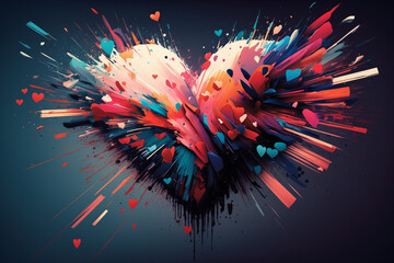 Heart exploding with multiple colors in red and cyan created with generative AI technology