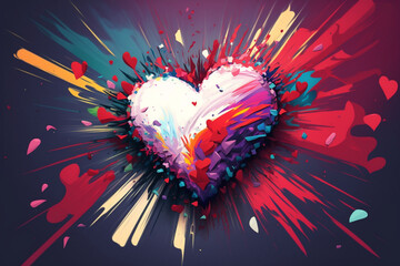 Heart exploding with multiple colors paint created with generative AI technology
