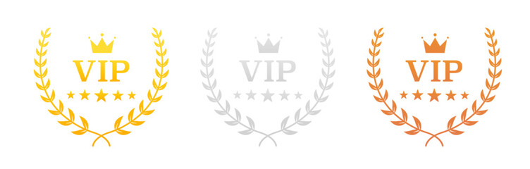 Set VIP badges in gold, silver and bronze color. Round label with three vip level. Crown and stars. One, Two, Three In A Realistic Gold Silver Bronze Laurel Wreath. Vector illustration