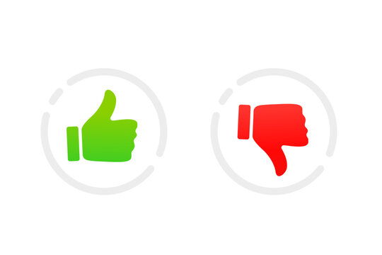 Thumbs up and thumbs up flat icon. I like it and I don't like it. Do's and Don'ts.Yes, no. Recommendation icons, good and bad choice labels. Vote web buttons with with man hand. Vector illustration