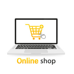 Online shopping and online store concept. Laptop with screen buy. E-commerce with App. Buying from House. Banner for marketing and promotion ecommerce. Vector illustration