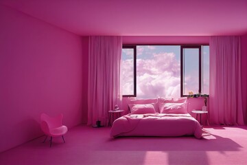 Hot Pink Chic Bedroom Interior with Dreamy Window View Made with Generative AI