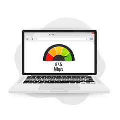 Internet speed on the web page of the laptop. Internet download speed test on web page. Speed test and network performance information. Signal quality. Vector illustration