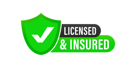 Licensed insured. Certification stamp. Flat design vector. Badge, icon, stamp. Icons with tick mark. Vector illustration - obrazy, fototapety, plakaty