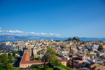Fototapeta na wymiar Corfu, Greece - october 26, 2020:Corfu, Greece. Panoramic view of Old Town as seen from New Fortress.