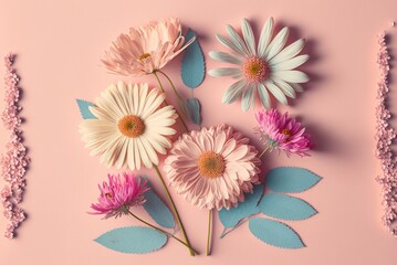 Top view of spring blooming flowers in pastel colors with a touch of pink by generative AI.