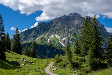 Fototapeta na wymiar On the way to the Körbersee, Hochtannberg, Hochkrumbach, Arlberg Region, View toward Mohnenfluh, Voralberg, Austria