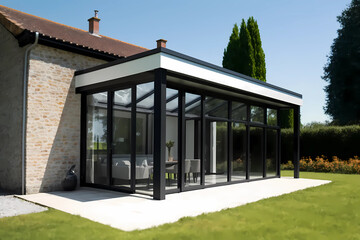 Véranda Aluminium - une extension moderne de maison - Vue de l'extérieur sur la veranda - obrazy, fototapety, plakaty