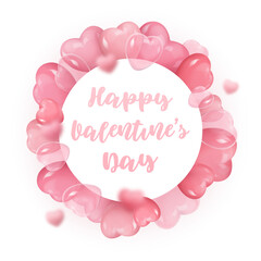 Poster with 3d realistic pink hearts hiding behind a white paper circle. Vector illustration for Valentines day, discount card, party, design, flyer, poster, decor, banner, web, advertising. 