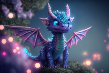 Baby dragon with shimmering diamond scales and neon created with Generative AI 