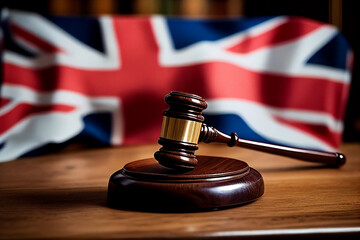 Mallet of judge in England UK courtroom. British flag in courtroom. Supreme Court of United Kingdom. United Kingdom Judiciary. England Justice, UK Judicial Authority. Appellate of House of Lords. 
 - obrazy, fototapety, plakaty