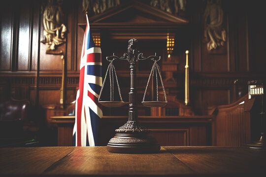 Courtroom England, UK. British flag, Supreme Court of United Kingdom. Scales of Themis, Judiciary, Judge. England Justice, UK Judicial Authority. Appellate of House of Lords. Judicial scales in court