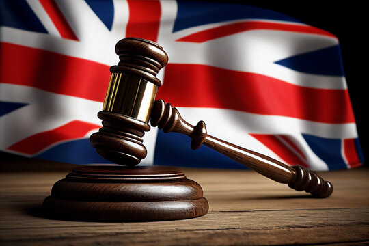 Mallet of judge in England UK courtroom. British flag in courtroom. Supreme Court of United Kingdom. United Kingdom Judiciary. England Justice, UK Judicial Authority. Appellate of House of Lords. 
