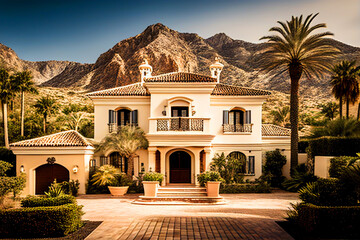 Fototapeta premium Luxury Villa exterior with swimming pool. Green garden and palm trees. Luxury home in Spain. Tropical Villa Resort, Spanish Real Estate in Sierra Blanca, Marbella. Lesidence at seashore. Ai Generative