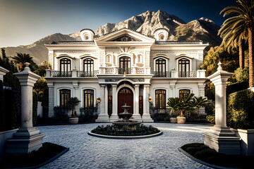 Obraz premium Luxury Villa exterior with swimming pool. Green garden and palm trees. Luxury home in Spain. Tropical Villa Resort, Spanish Real Estate in Sierra Blanca, Marbella. Lesidence at seashore. Ai Generative