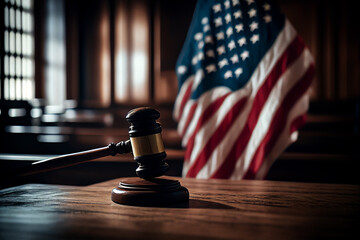 Mallet of judge in American courtroom. American flag in courtroom with Judge hammer or Mallet of judge. Justice concept in courtroom. Сourt of USA, United States (SCOTUS), appellate jurisdiction.. - obrazy, fototapety, plakaty