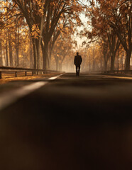 Man on foggy road in autumn forest. 3D render.