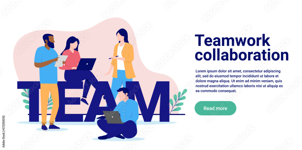 Aufkleber teamwork collaboration - team of people working and sitting on big letters. flat design vector illus