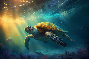 Naklejka na ściany i meble Die Schönheit der Meere: Eine Schildkröte in ihrem natürlichen Lebensraum - Generative Ai