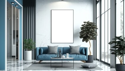 empty hanging picture frame in living room, modern industrial style interior design, blank white mock-up space for your photo or message mock-up , blue grey tone color room, Generative Ai