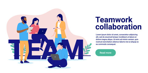 Teamwork collaboration - Team of people working and sitting on big letters. Flat design vector illustration with copy space and white background