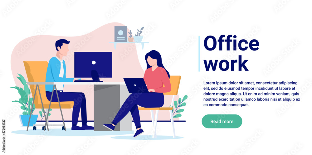 Aufkleber office work - two people, man and woman with computers working together at desk sitting in chair. fl