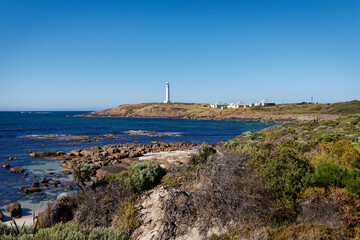 Fototapeta na wymiar Cape Leeuwin Lighthouse located on the headland of Cape Leeuwin, the most south-westerly point on the mainland of the Australian Continent in Western Australia.