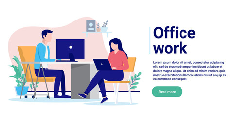 Office work - Two people, man and woman with computers working together at desk sitting in chair. Flat design vector illustration with copy space for text and white background