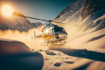 Fototapeta na wymiar Helicopter landing on snow mountain in glacier. The helicopter service and emergency rescue. Generative AI