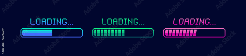 Poster pixel art 8-bit loading bar isolated on dark background. loading or installing process. vector illus