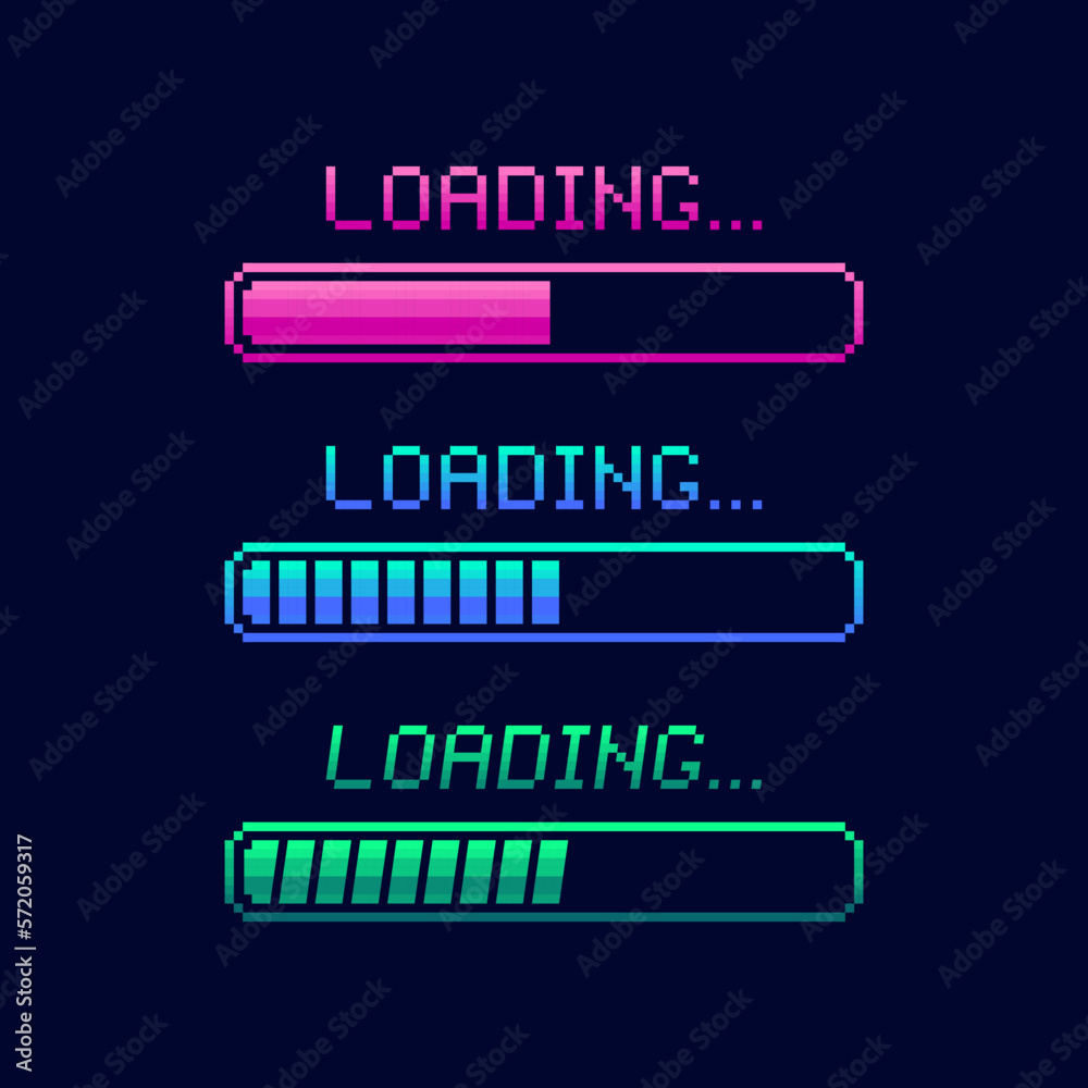 Poster pixel art 8-bit loading bar isolated on dark background. loading or installing process. vector illus
